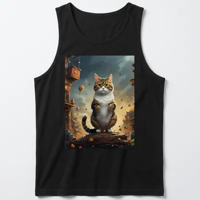 Illustration of a tabby cat in a whimsical forest town with balloons — printed on a tank top