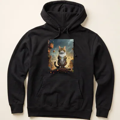 Illustration of a tabby cat in a whimsical forest town with balloons — printed on a unisex hoodie