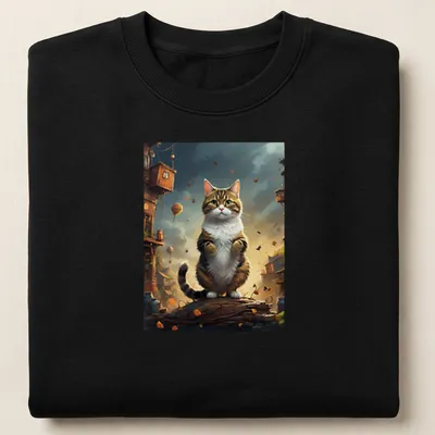 Illustration of a tabby cat in a whimsical forest town with balloons — printed on a unisex sweatshirt