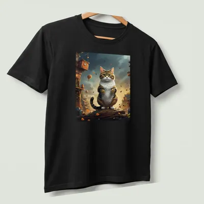 Illustration of a tabby cat in a whimsical forest town with balloons — printed on a unisex t-shirt (angled view)