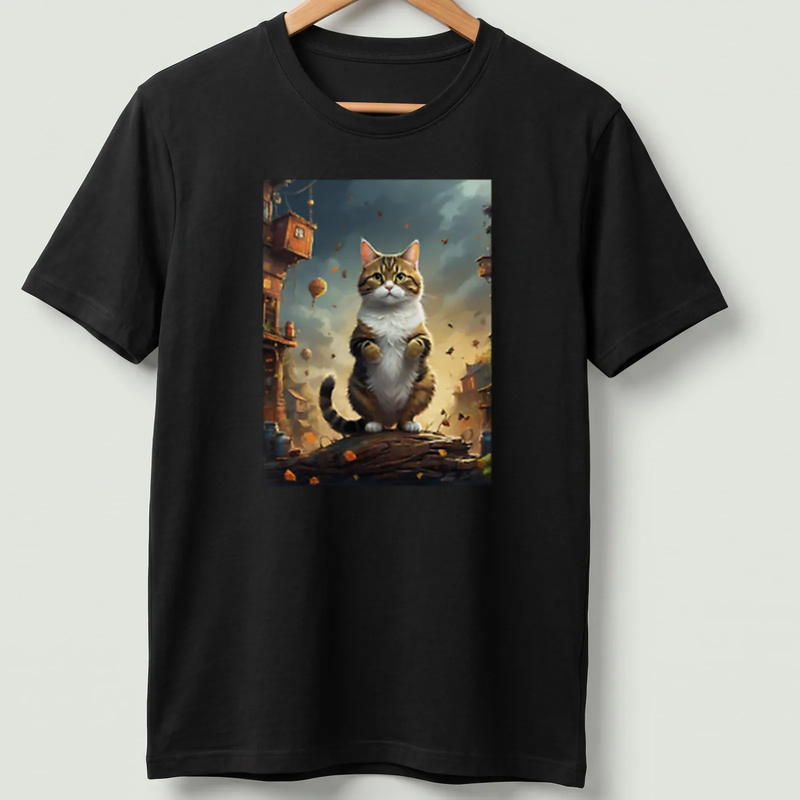 Illustration of a tabby cat in a whimsical forest town with balloons — printed on a unisex t-shirt