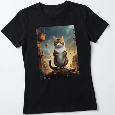 Illustration of a tabby cat in a whimsical forest town with balloons — printed on a women's shirt