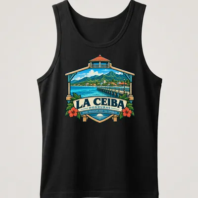 Vintage travel poster design of La Ceiba, Honduras with mountains and pier — printed on a tank top