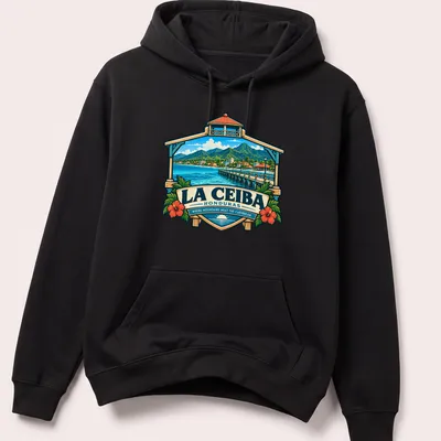 Vintage travel poster design of La Ceiba, Honduras with mountains and pier — printed on a unisex hoodie