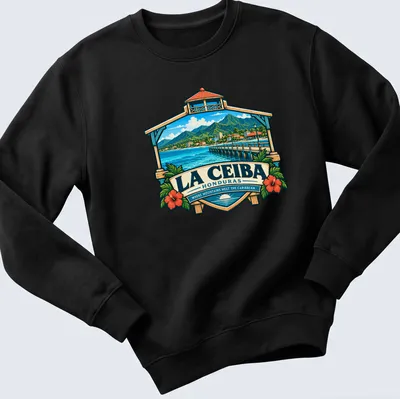 Vintage travel poster design of La Ceiba, Honduras with mountains and pier — printed on a unisex sweatshirt