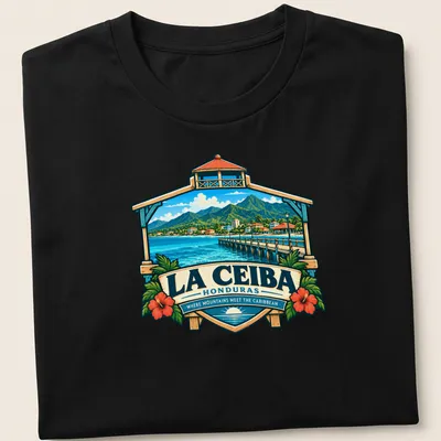 Vintage travel poster design of La Ceiba, Honduras with mountains and pier — printed on a unisex t-shirt