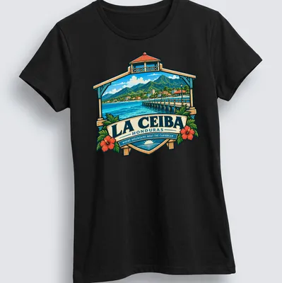 Vintage travel poster design of La Ceiba, Honduras with mountains and pier — printed on a women's shirt