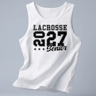 Bold Lacrosse Senior 2027 T-shirt with athletic typography in black and white — printed on a tank top