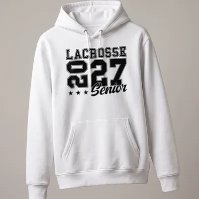 Bold Lacrosse Senior 2027 T-shirt with athletic typography in black and white — printed on a unisex hoodie
