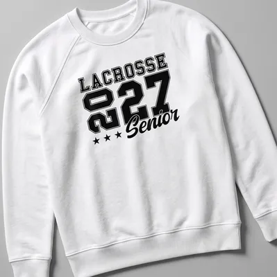 Bold Lacrosse Senior 2027 T-shirt with athletic typography in black and white — printed on a unisex sweatshirt