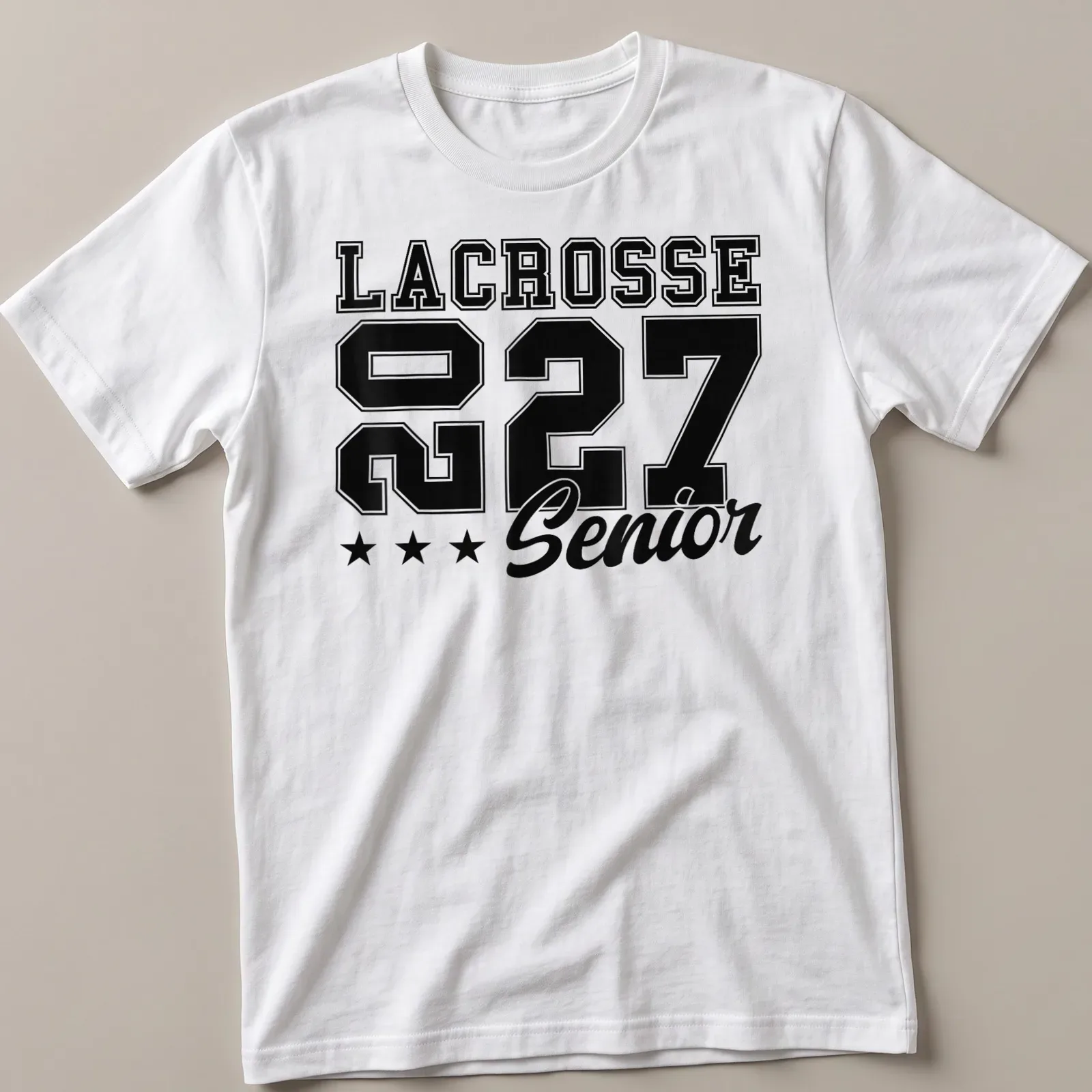 Bold Lacrosse Senior 2027 T-shirt with athletic typography in black and white — printed on a unisex t-shirt