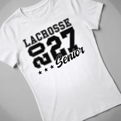 Bold Lacrosse Senior 2027 T-shirt with athletic typography in black and white — printed on a women's shirt
