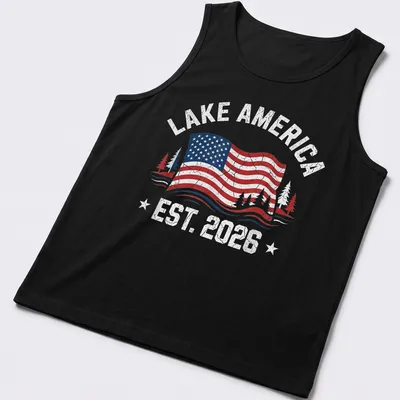 Vintage distressed Lake America shirt with American flag and trees in red, white, blue, and green — printed on a tank top