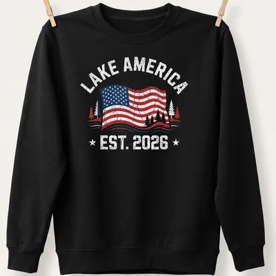 Vintage distressed Lake America shirt with American flag and trees in red, white, blue, and green — printed on a unisex sweatshirt
