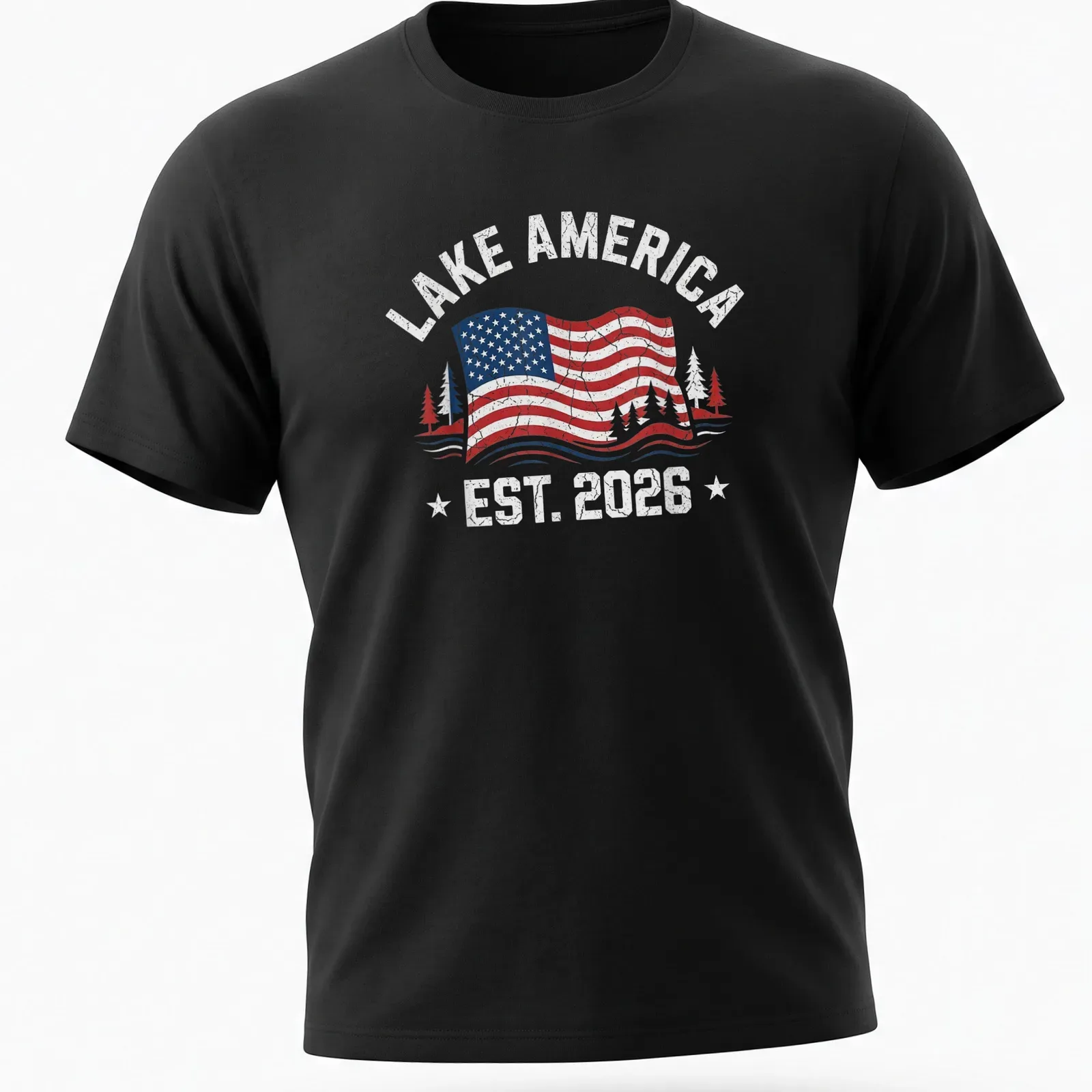 Vintage distressed Lake America shirt with American flag and trees in red, white, blue, and green — printed on a unisex t-shirt
