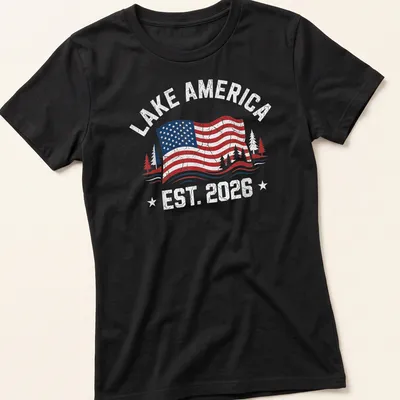 Vintage distressed Lake America shirt with American flag and trees in red, white, blue, and green — printed on a women's shirt