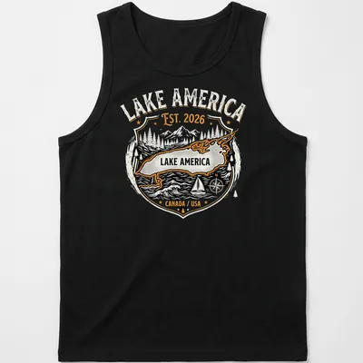 Vintage badge-style t-shirt featuring Lake America map with mountains and trees. — printed on a tank top