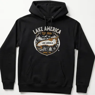 Vintage badge-style t-shirt featuring Lake America map with mountains and trees. — printed on a unisex hoodie