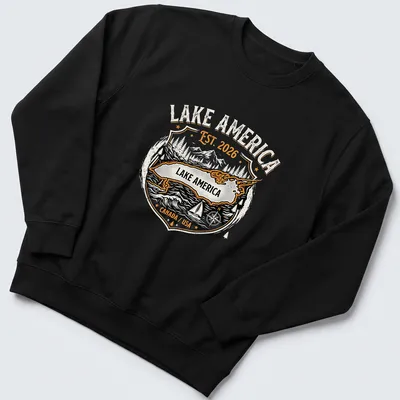 Vintage badge-style t-shirt featuring Lake America map with mountains and trees. — printed on a unisex sweatshirt