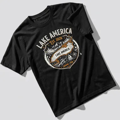 Vintage badge-style t-shirt featuring Lake America map with mountains and trees. — printed on a unisex t-shirt