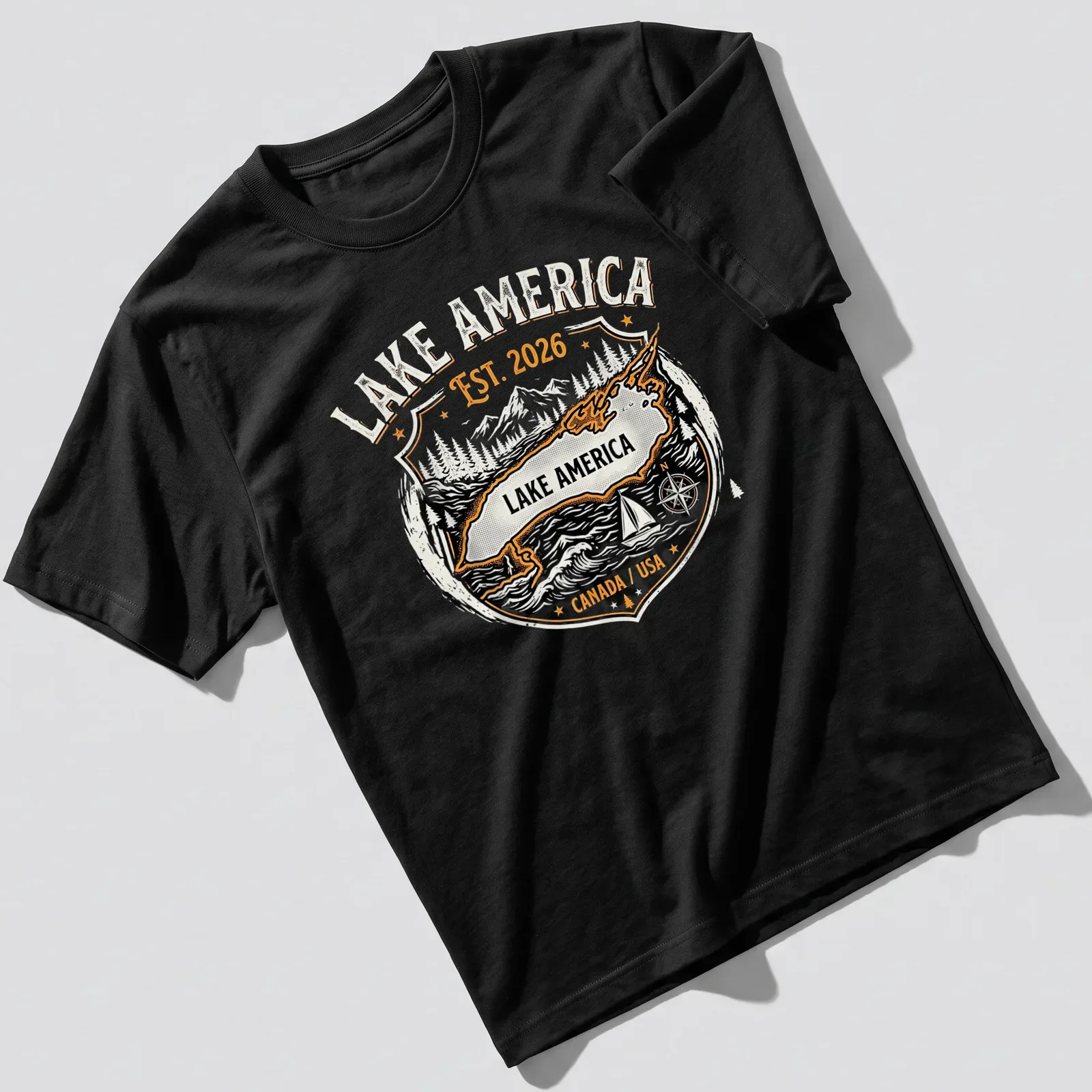 Vintage badge-style t-shirt featuring Lake America map with mountains and trees. — printed on a unisex t-shirt