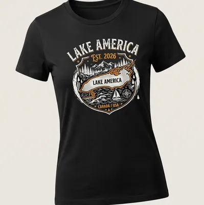 Vintage badge-style t-shirt featuring Lake America map with mountains and trees. — printed on a women's shirt