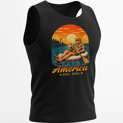 Vintage illustration of a man on an inflatable raft with floral shirt and bold text — printed on a tank top