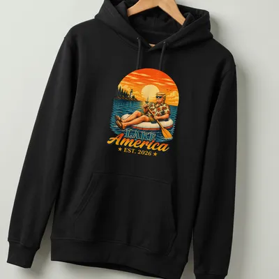 Vintage illustration of a man on an inflatable raft with floral shirt and bold text — printed on a unisex hoodie