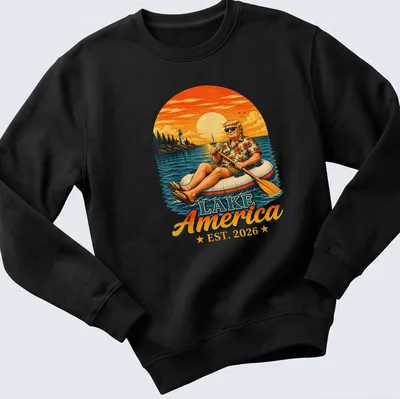 Vintage illustration of a man on an inflatable raft with floral shirt and bold text — printed on a unisex sweatshirt