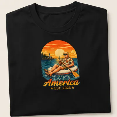 Vintage illustration of a man on an inflatable raft with floral shirt and bold text — printed on a unisex t-shirt