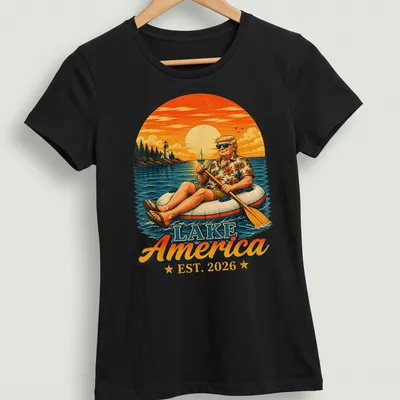 Vintage illustration of a man on an inflatable raft with floral shirt and bold text — printed on a women's shirt