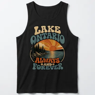 Retro sunset design of Lake Ontario with trees and the text 'Lake Ontario Always And Forever' — printed on a tank top