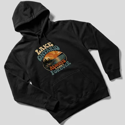 Retro sunset design of Lake Ontario with trees and the text 'Lake Ontario Always And Forever' — printed on a unisex hoodie