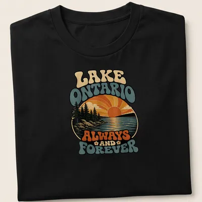 Retro sunset design of Lake Ontario with trees and the text 'Lake Ontario Always And Forever'