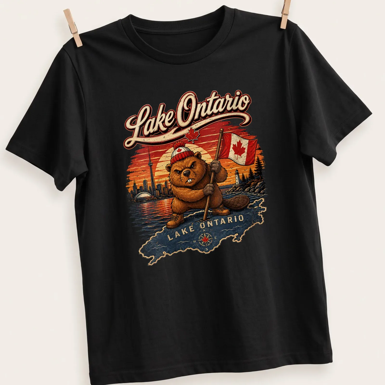Vintage retro t-shirt featuring a beaver and Canadian flag with text — printed on a unisex t-shirt