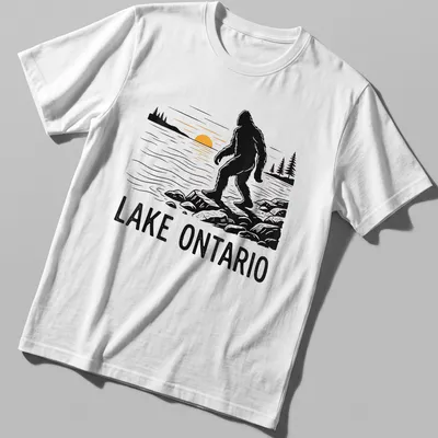 Silhouette of Bigfoot against a sunset with text Lake Ontario