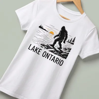 Silhouette of Bigfoot against a sunset with text Lake Ontario — printed on a women's shirt