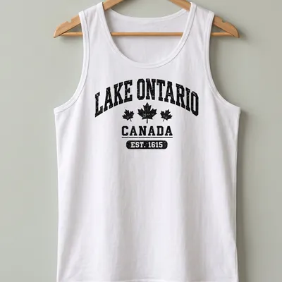 Vintage distressed Lake Ontario t-shirt with bold lettering — printed on a tank top