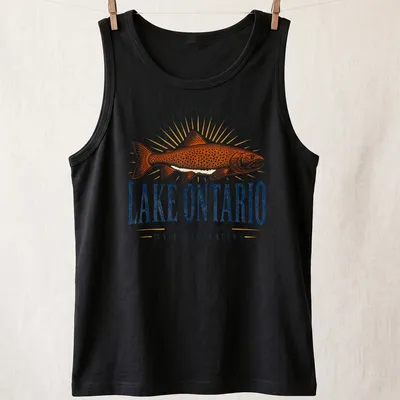 Vintage retro t-shirt featuring a trout fish and Great Lakes text — printed on a tank top