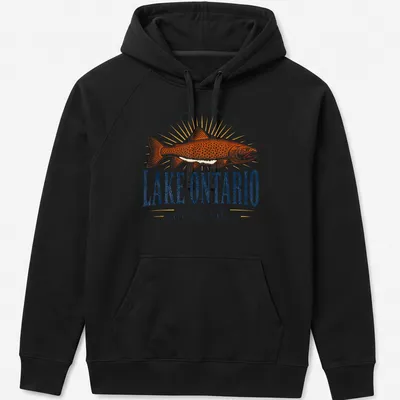 Vintage retro t-shirt featuring a trout fish and Great Lakes text — printed on a unisex hoodie