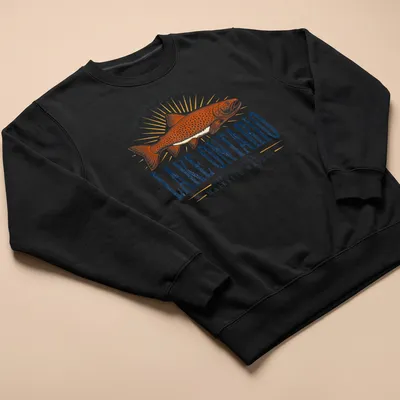 Vintage retro t-shirt featuring a trout fish and Great Lakes text — printed on a unisex sweatshirt