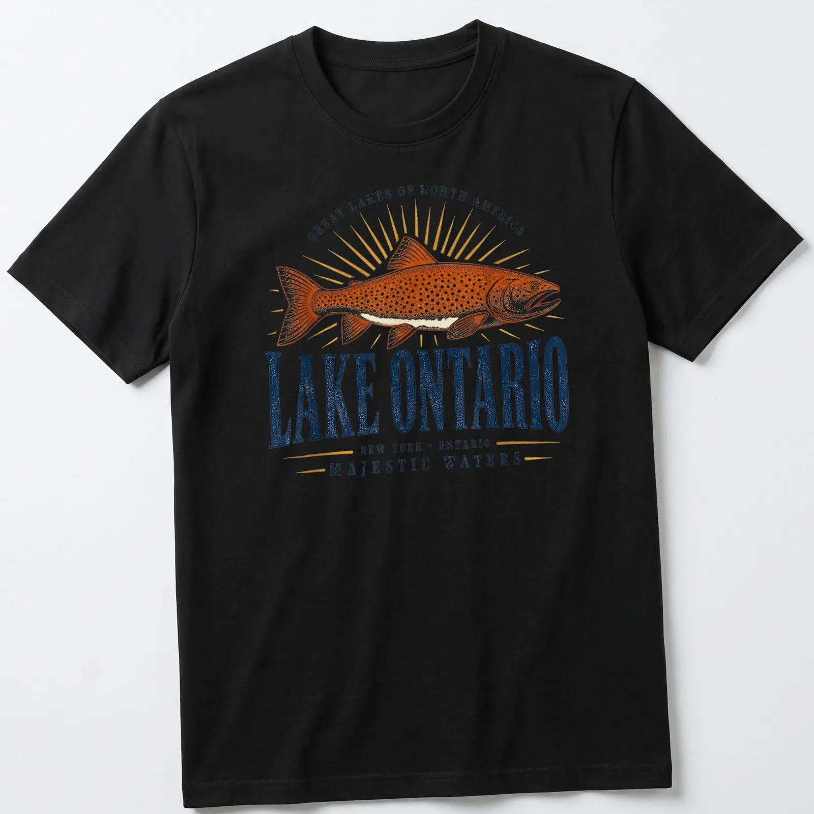 Vintage retro t-shirt featuring a trout fish and Great Lakes text — printed on a unisex t-shirt