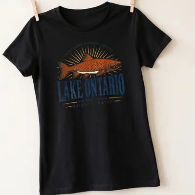 Vintage retro t-shirt featuring a trout fish and Great Lakes text — printed on a women's shirt