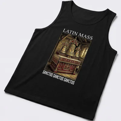 Vintage illustration of altar bells with text 'LATIN MASS SANCTUS SANCTUS SANCTUS' — printed on a tank top