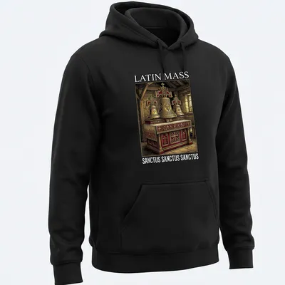 Vintage illustration of altar bells with text 'LATIN MASS SANCTUS SANCTUS SANCTUS' — printed on a unisex hoodie