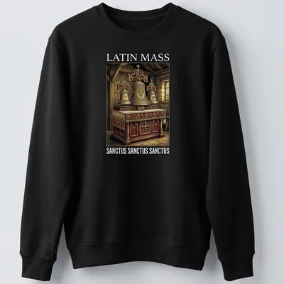 Vintage illustration of altar bells with text 'LATIN MASS SANCTUS SANCTUS SANCTUS' — printed on a unisex sweatshirt