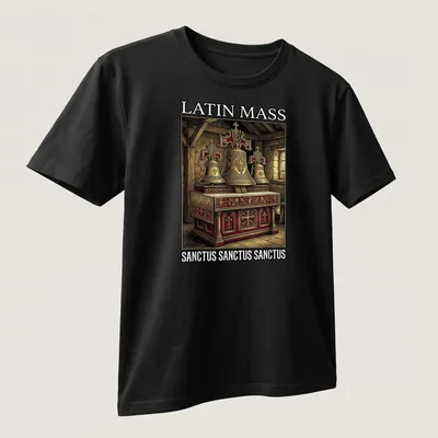 Vintage illustration of altar bells with text 'LATIN MASS SANCTUS SANCTUS SANCTUS' — printed on a unisex t-shirt (angled view)