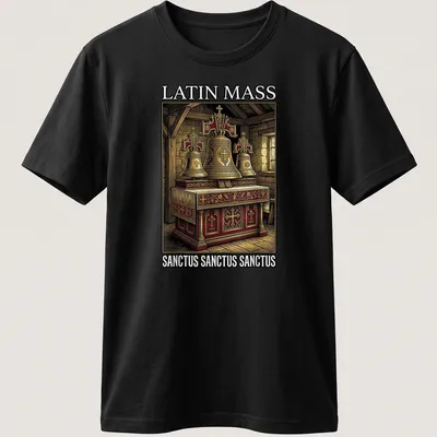Vintage illustration of altar bells with text 'LATIN MASS SANCTUS SANCTUS SANCTUS' — printed on a unisex t-shirt