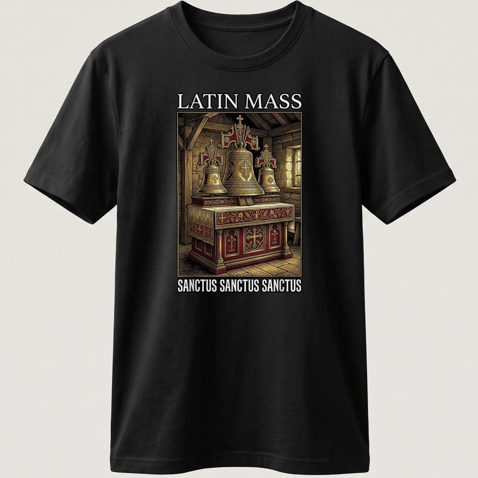 Vintage illustration of altar bells with text 'LATIN MASS SANCTUS SANCTUS SANCTUS' — printed on a unisex t-shirt