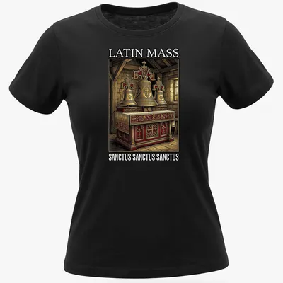 Vintage illustration of altar bells with text 'LATIN MASS SANCTUS SANCTUS SANCTUS' — printed on a women's shirt